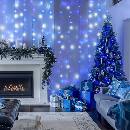 JMEXSUSS 300LED Christmas Curtain Lights - Blue & White Indoor/Outdoor Fairy Lights | 8 Modes, 9.8x9.8ft Decor