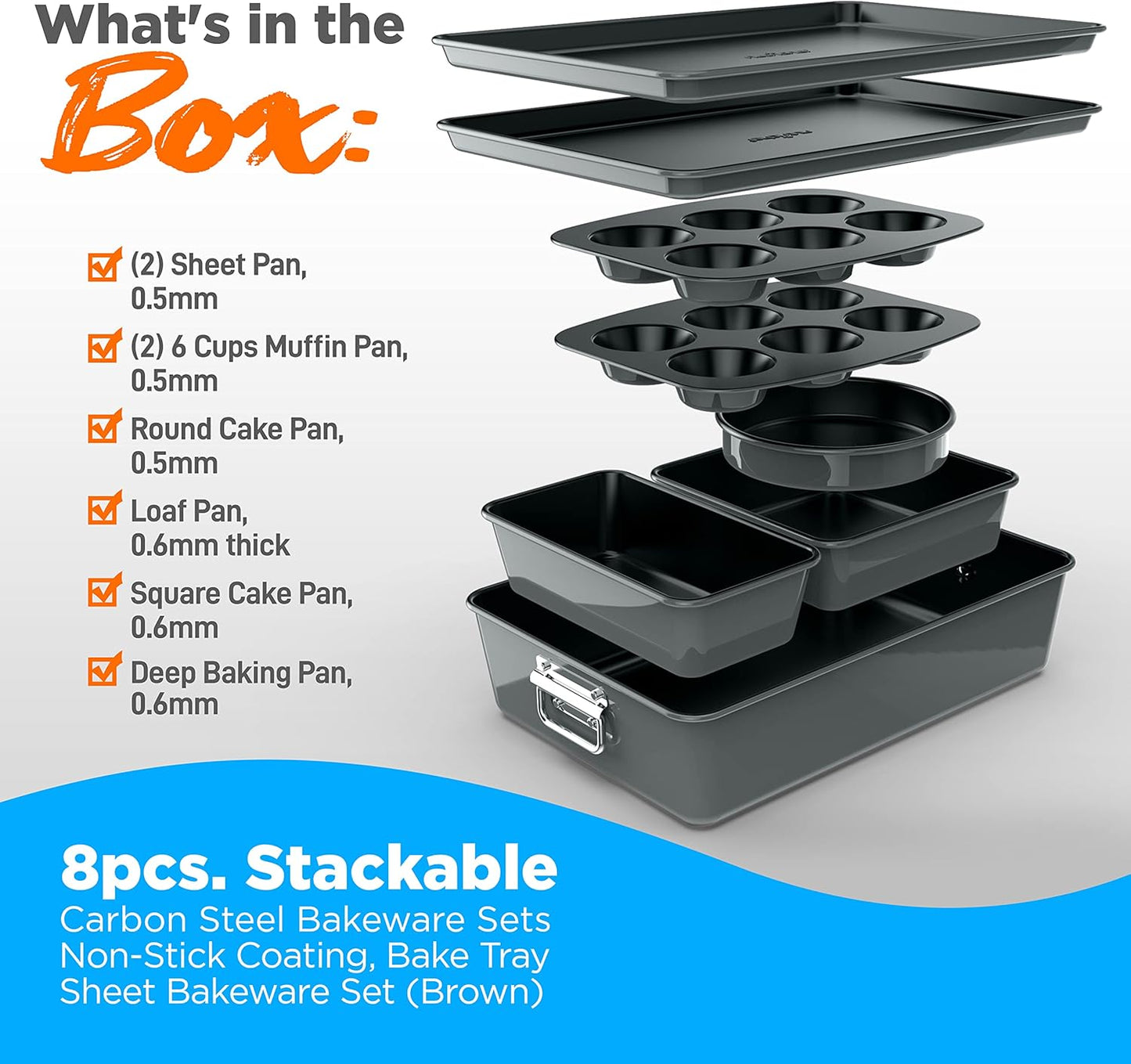 NutriChef 8-Piece Nonstick Bakeware Set - PFOA-Free Baking Pans for Cakes, Muffins & Cookies | Oven Safe to 450°F (Gray)