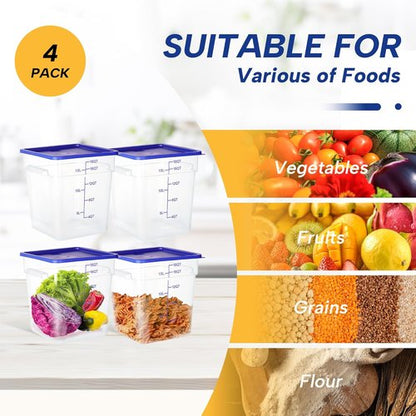 Clear NSF Food Storage Containers - 4 Pack, 18 Quart Square Polycarbonate with Lids & Scale