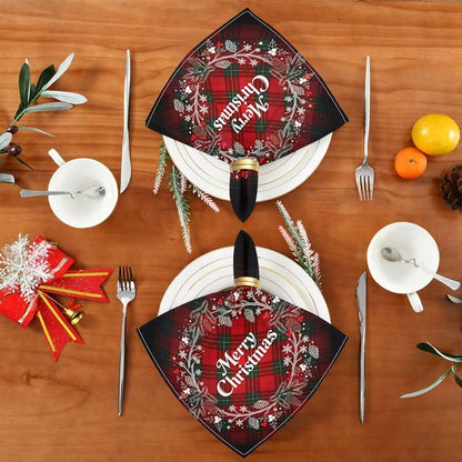 Christmas Monogram Wreath Plaid Cloth Napkins Set of 6, 20 x 20 in, Washable Polyester
