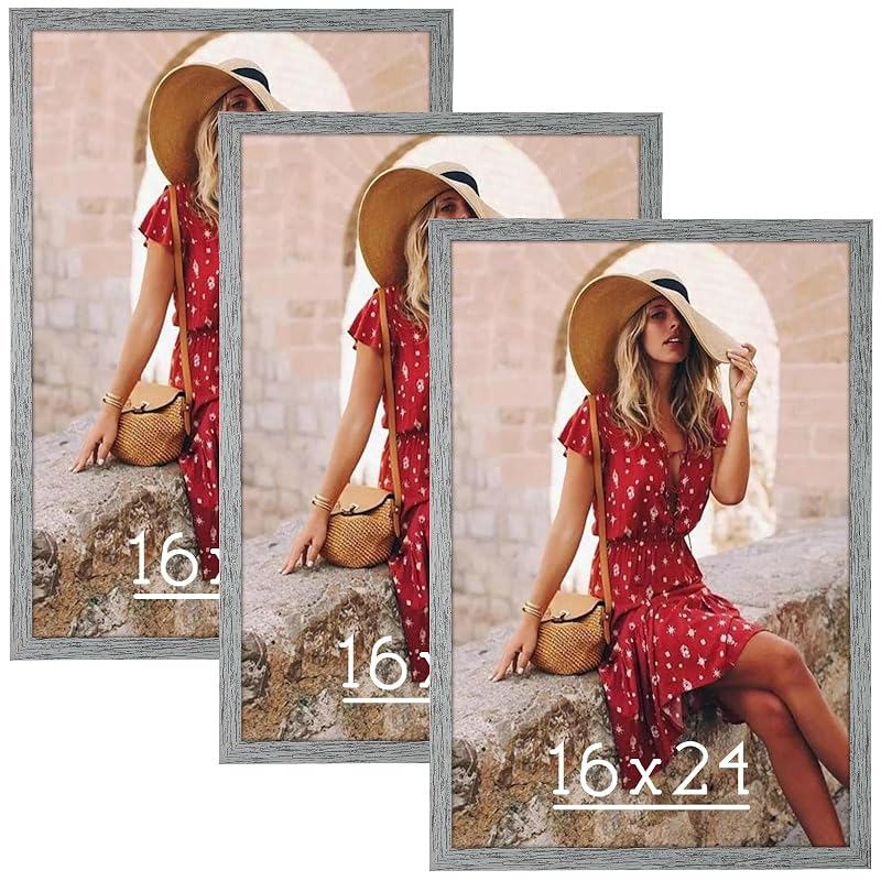 Matte Gray 16x24 Frame Set of 3 - Rustic Woodgrain Poster Frames with Plexiglass