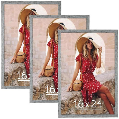 Matte Gray 16x24 Frame Set of 3 - Rustic Woodgrain Poster Frames with Plexiglass