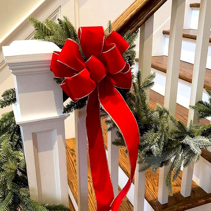 Velvet Red Christmas Tree Bows, 2-Pack Handmade Topper with Gold Wire - 11in x 15.7in Ready-to-Use