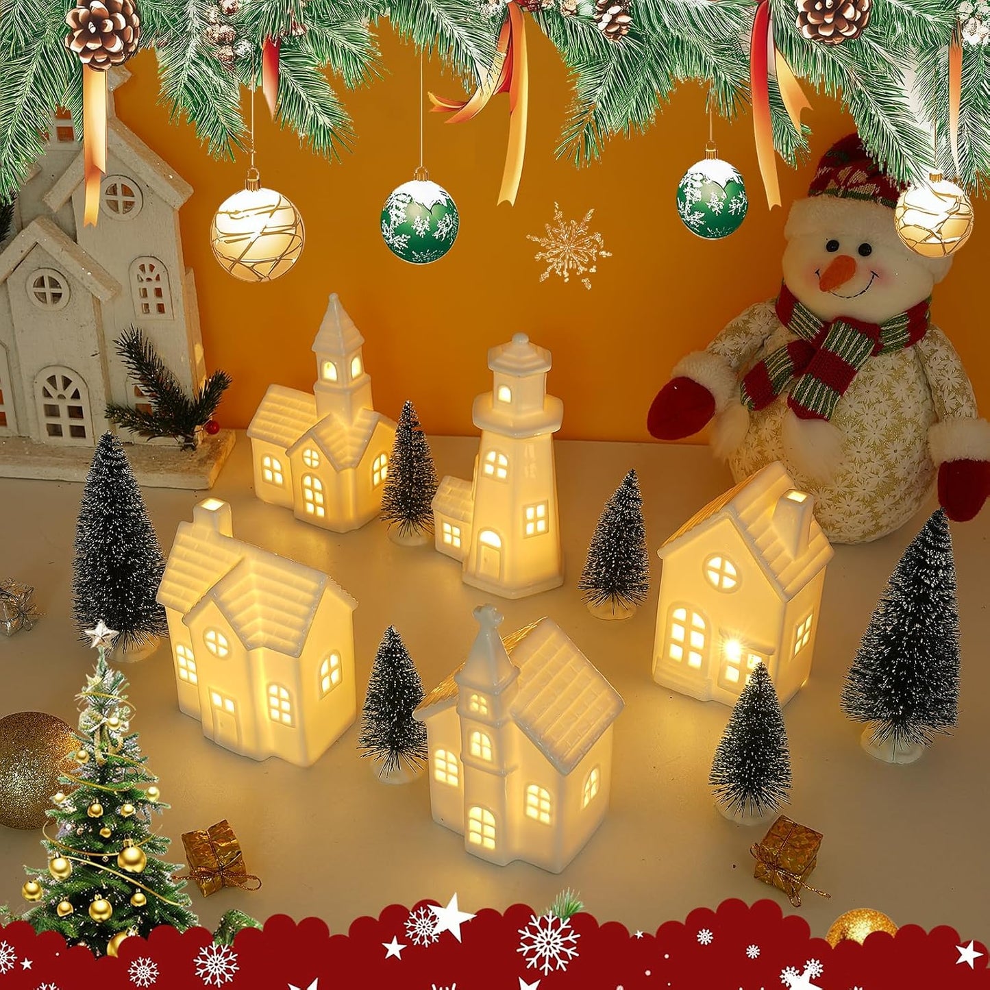 Skiennix 11 Pcs White Ceramic Christmas Village Houses - Light Up Xmas Town Decor with Timer