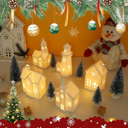 Skiennix 11 Pcs White Ceramic Christmas Village Houses - Light Up Xmas Town Decor with Timer