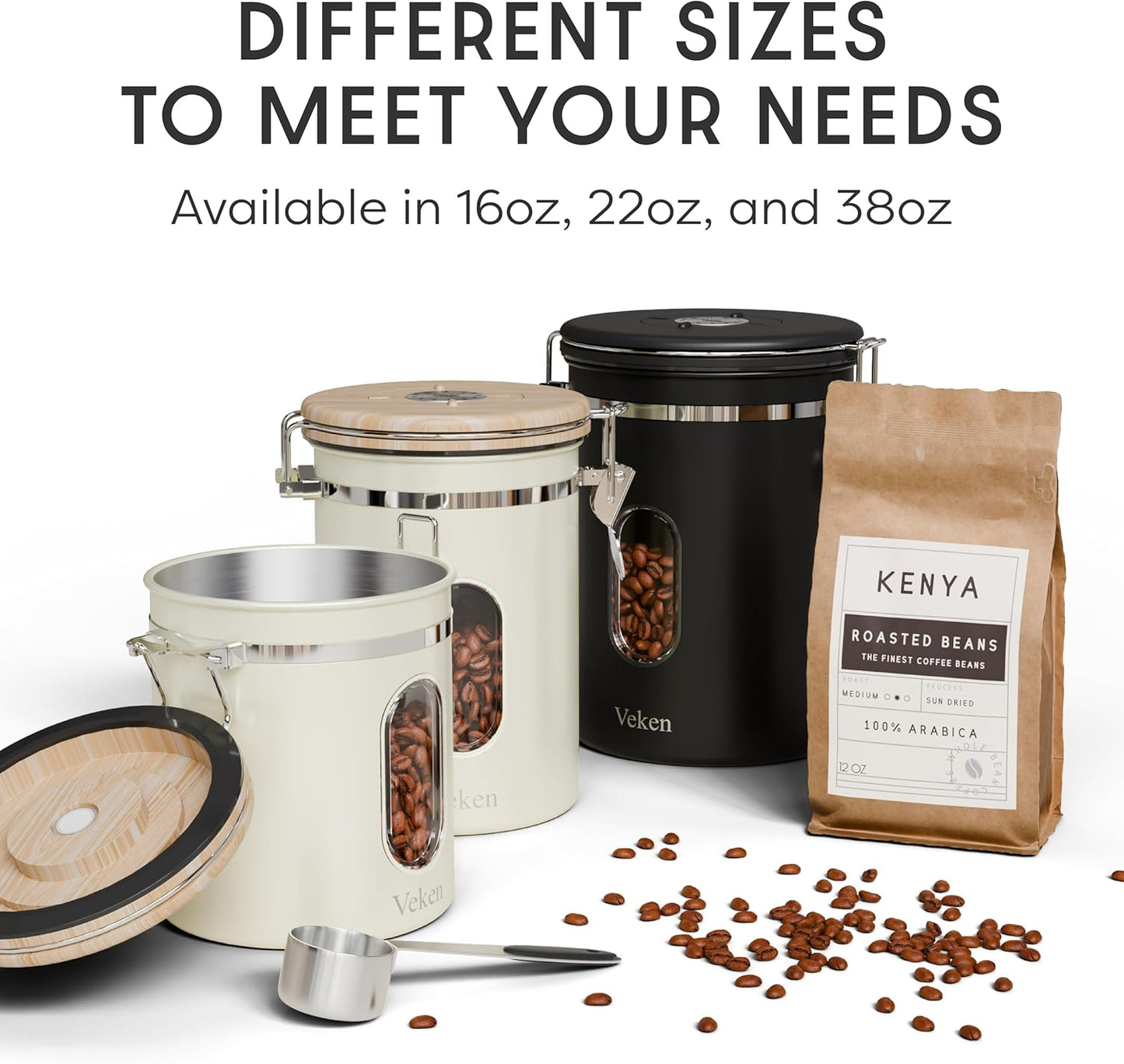 Veken Coffee Canister - Airtight Stainless Steel Food Storage with Window & Date Tracker | 16oz Cream