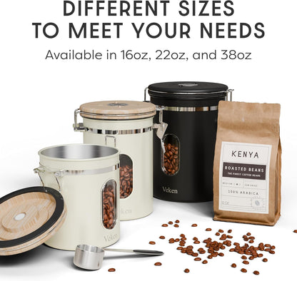 Veken Coffee Canister - Airtight Stainless Steel Food Storage with Window & Date Tracker | 16oz Cream