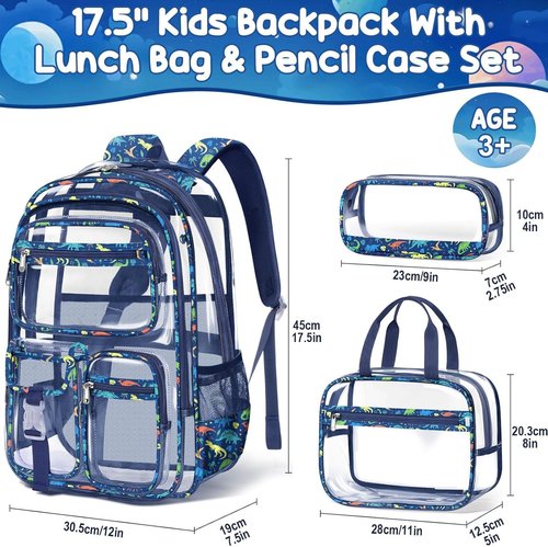 Fimibuke Clear Backpack - Heavy Duty PVC Transparent Design with Lunch Box & Pencil Case | School Approved for Boys