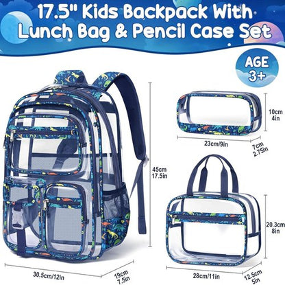 Fimibuke Clear Backpack - Heavy Duty PVC Transparent Design with Lunch Box & Pencil Case | School Approved for Boys
