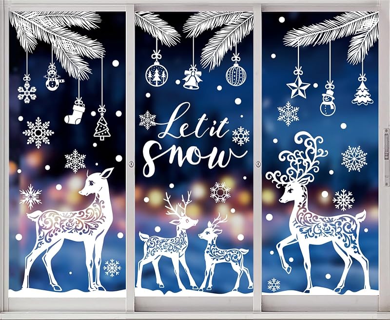 Winter Window Clings 6 Sheets Snowflake Reindeer Pine Decor - Reusable PVC Window Decals
