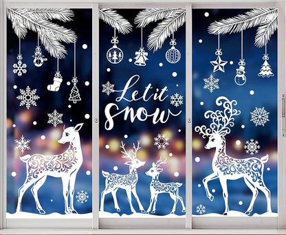 Winter Window Clings 6 Sheets Snowflake Reindeer Pine Decor - Reusable PVC Window Decals