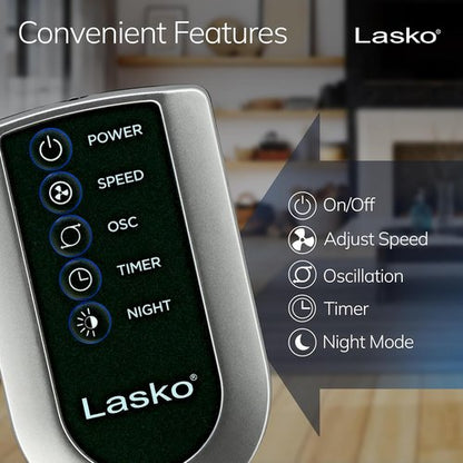 Lasko Oscillating Tower Fan - Quiet 42" Floor Fan with Remote Control for Bedroom - Silver T42951