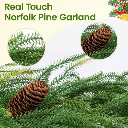 9ft Norfolk Pine Garland with Lights - 40-LED Battery Operated, 8 Modes, Pinecones, Timer - Prelit Christmas Decoration
