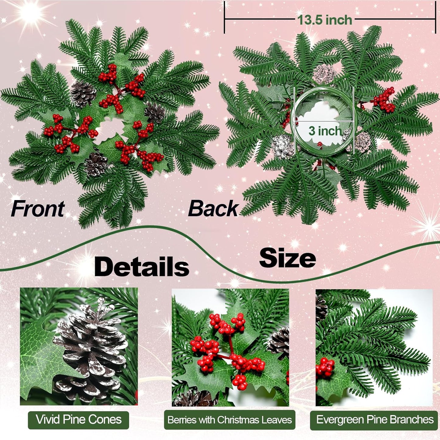 Skiennix Christmas Small Wreaths - 3Pcs 13.5-Inch Greenery Pine Candle Holder Rings for Home Decor