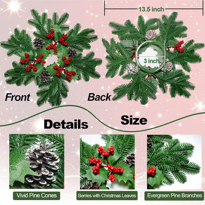 Skiennix Christmas Small Wreaths - 3Pcs 13.5-Inch Greenery Pine Candle Holder Rings for Home Decor