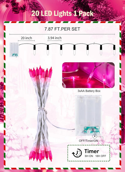 Brightown Christmas String Lights - 8ft Battery Operated 20 LED Mini Lights with Timer | Pink Indoor/Outdoor Decor