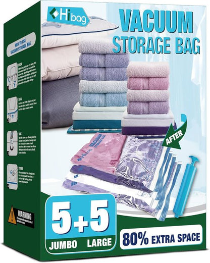 HIBAG Vacuum Storage Bags - 10 Jumbo & Large Space Saver Bags with Zipper Closure for Clothing & Bedding