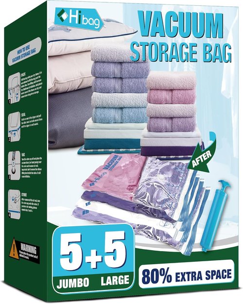 HIBAG Vacuum Storage Bags - 10 Jumbo & Large Space Saver Bags with Zipper Closure for Clothing & Bedding