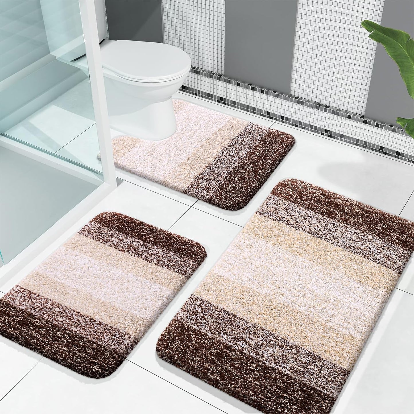 OLANLY Bathroom Rugs Set - Soft Absorbent Microfiber Mats & U-Shaped Contour Rug | Brown, 3-Piece Set (30"x20"+24"x16"+24"x20")