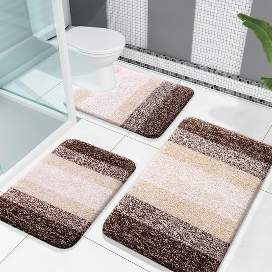 OLANLY Bathroom Rugs Set - Soft Absorbent Microfiber Mats & U-Shaped Contour Rug | Brown, 3-Piece Set (30"x20"+24"x16"+24"x20")