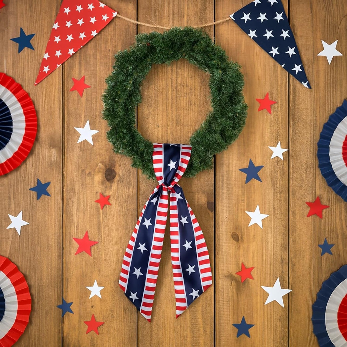 YKW Patriotic Wreath Sash - Premium Cotton Linen, 5" W x 56" L, Red White Blue Stars & Stripes for 4th of July Decor