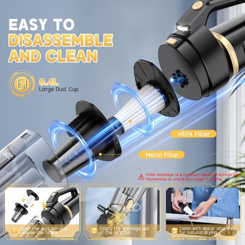JONYJ Cordless Handheld Vacuum - 16000PA Strong Suction, Portable & Rechargeable with Multi-Nozzles & LED Light