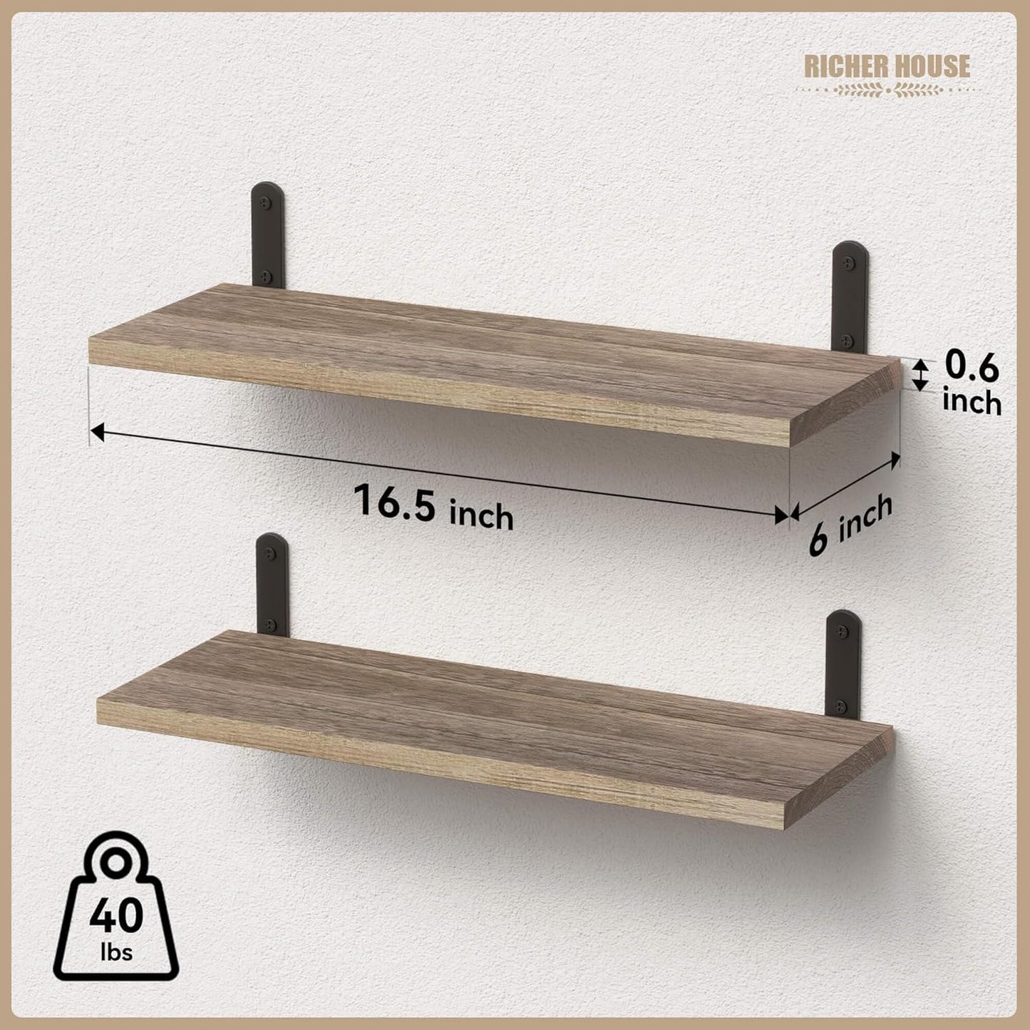 RICHER HOUSE Rustic Wood Shelves - Set of 2 Farmhouse Floating Wall Décor | Carbonized Black