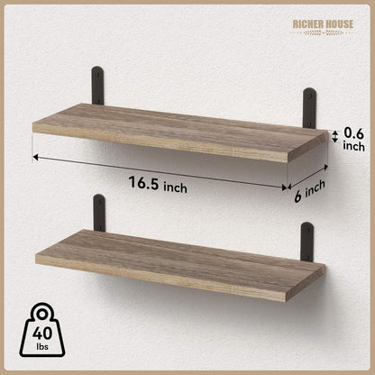 RICHER HOUSE Rustic Wood Shelves - Set of 2 Farmhouse Floating Wall Décor | Carbonized Black