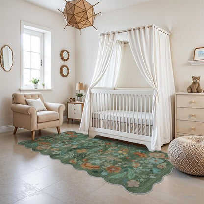 Hallway 3x6 Washable Runner Rug - Elegant Floral Scalloped Design | Soft Non-Slip Carpet for Home Decor