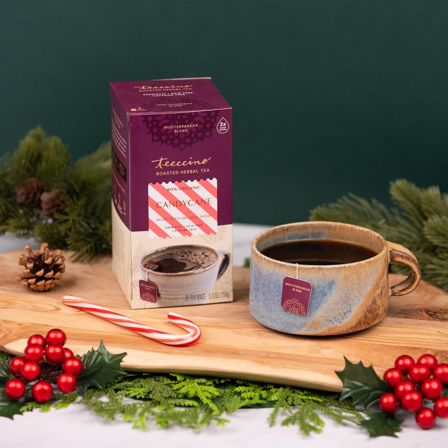 Teeccino Candy Cane Herbal Tea - Favorite Dessert Beverage That’s Prebiotic, Caffeine-Free & Acid Free, Medium Roast, 25 Count