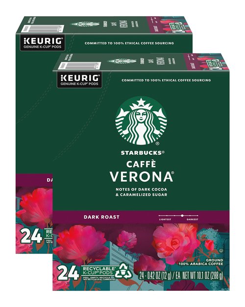 Starbucks Coffee K-Cup Pods, Caffè Verona, Dark Roast Coffee, Notes of Dark Cocoa & Caramelized Sugar, Keurig Genuine K-Cup Pods 24 Count (Pack of 2)