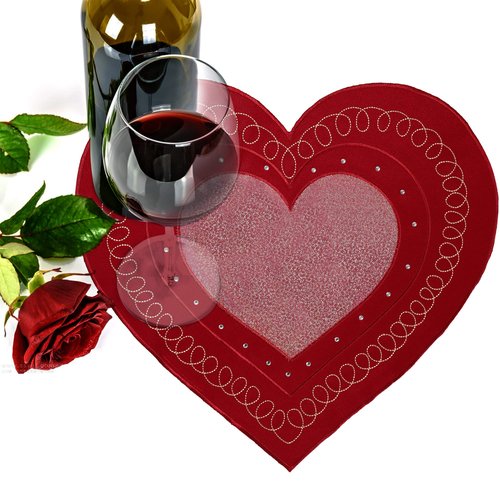 OWENIE Valentines Day Heart Placemats Set of 6, Embroidered Red Gillter Heart with Sequins Valentines Table Mats, and Wedding Table Decor,13.5 x 15, Red