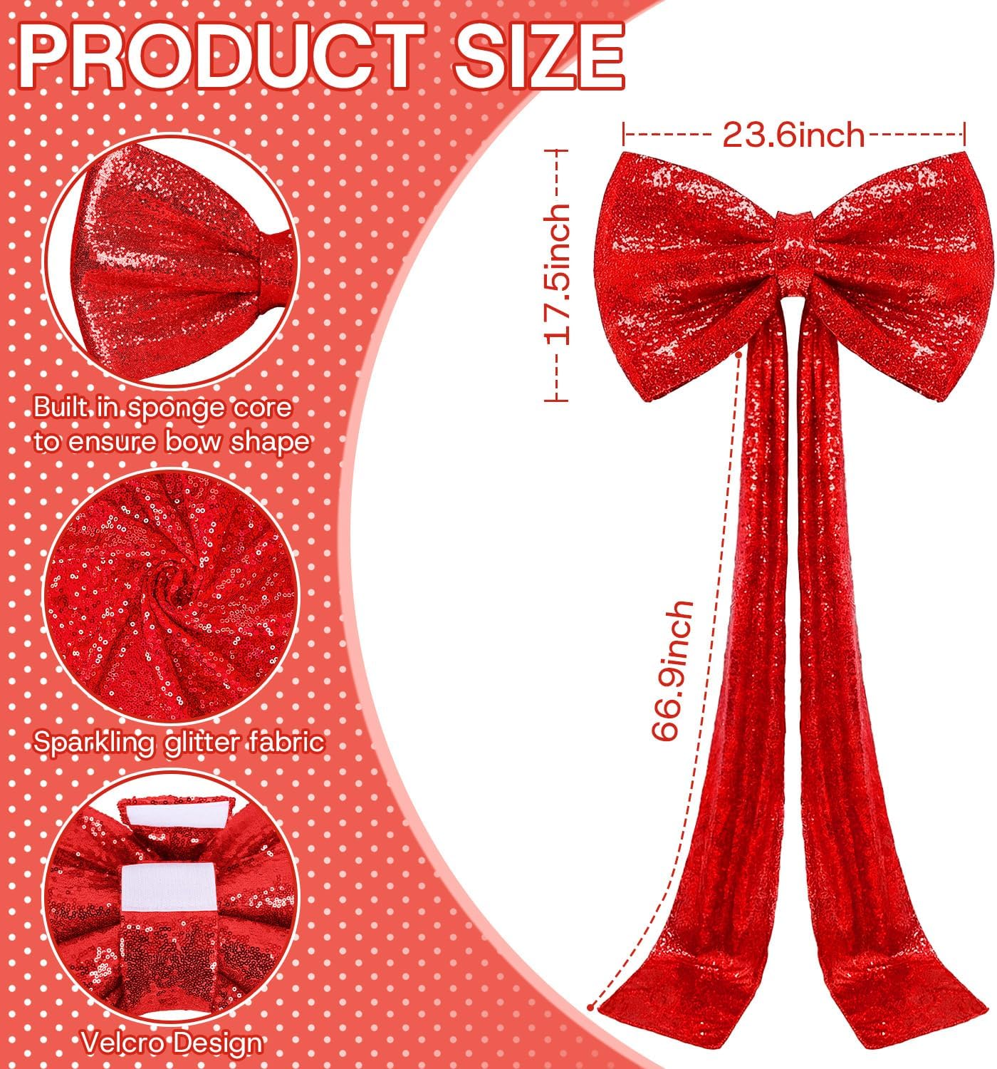Skiennix Sequin Giant Bow - Oversized Red Decoration with Long Ribbon | 75 x 23 Inch for Weddings & Parties