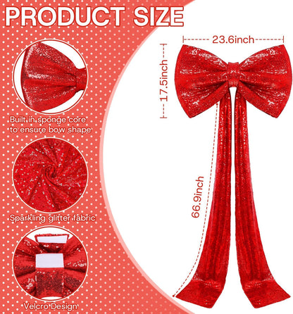 Skiennix Sequin Giant Bow - Oversized Red Decoration with Long Ribbon | 75 x 23 Inch for Weddings & Parties