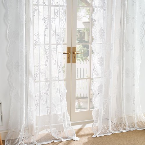 NICETOWN Lace Sheer Curtains 84 Inches Long for Bedroom, Shabby Chic Rose Flora Semi White Sheer Curtains for Living Room French Door, 1 Pair, Rod Pocket, 52 x 84 Inch, Ivory White