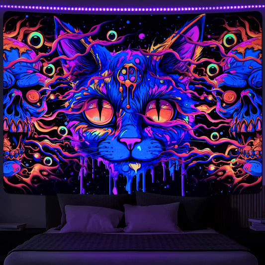 Uspring Trippy Blacklight Skull Tapestry Gothic Cat Skeleton Tapestries Hippie Eyes Tapestry UV Large Tapestry Psychedelic Wall Tapestry Hanging for Bedroom (59.1 x 82.7 inches)