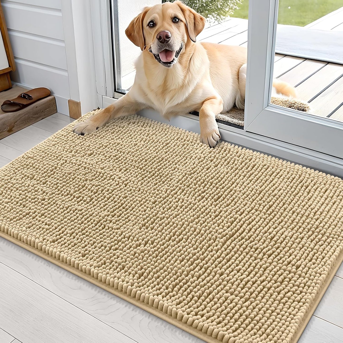 OLANLY Dog Door Mat - Absorbent Non-Slip Chenille Mat for Muddy Paws | 35x24 Inches, Quick Dry, Beige