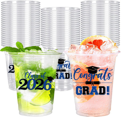 Whaline 50Pcs Graduation Plastic Cups - 12 Oz Congrats Grad Tableware in Black & Blue