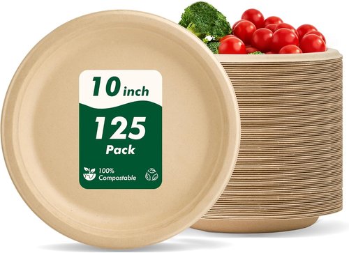Eco-Strong 10 Inch Heavy-Duty Disposable Paper Plates | 125 Count Unbleached Sugarcane Fiber
