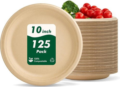 Eco-Strong 10 Inch Heavy-Duty Disposable Paper Plates | 125 Count Unbleached Sugarcane Fiber