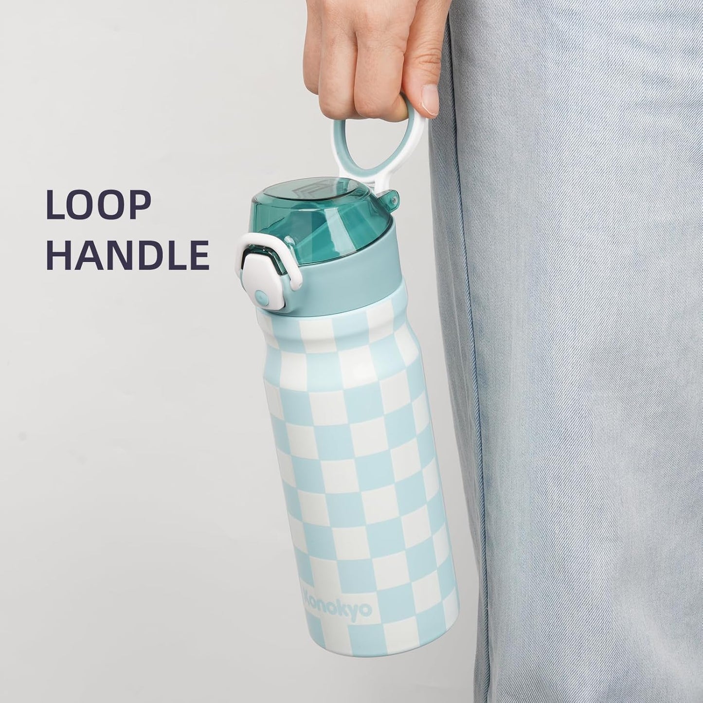 Skiennix Insulated Water Bottle - 18 oz Stainless Steel Flask with Straw & Carry Loop | Blue White Plaid