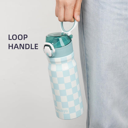 Skiennix Insulated Water Bottle - 18 oz Stainless Steel Flask with Straw & Carry Loop | Blue White Plaid