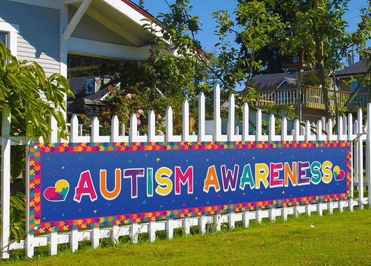 Nepnuser Autism Awareness Fence Banner - Love Needs No Words | Large 1.6 x 8.2 ft Outdoor Sign