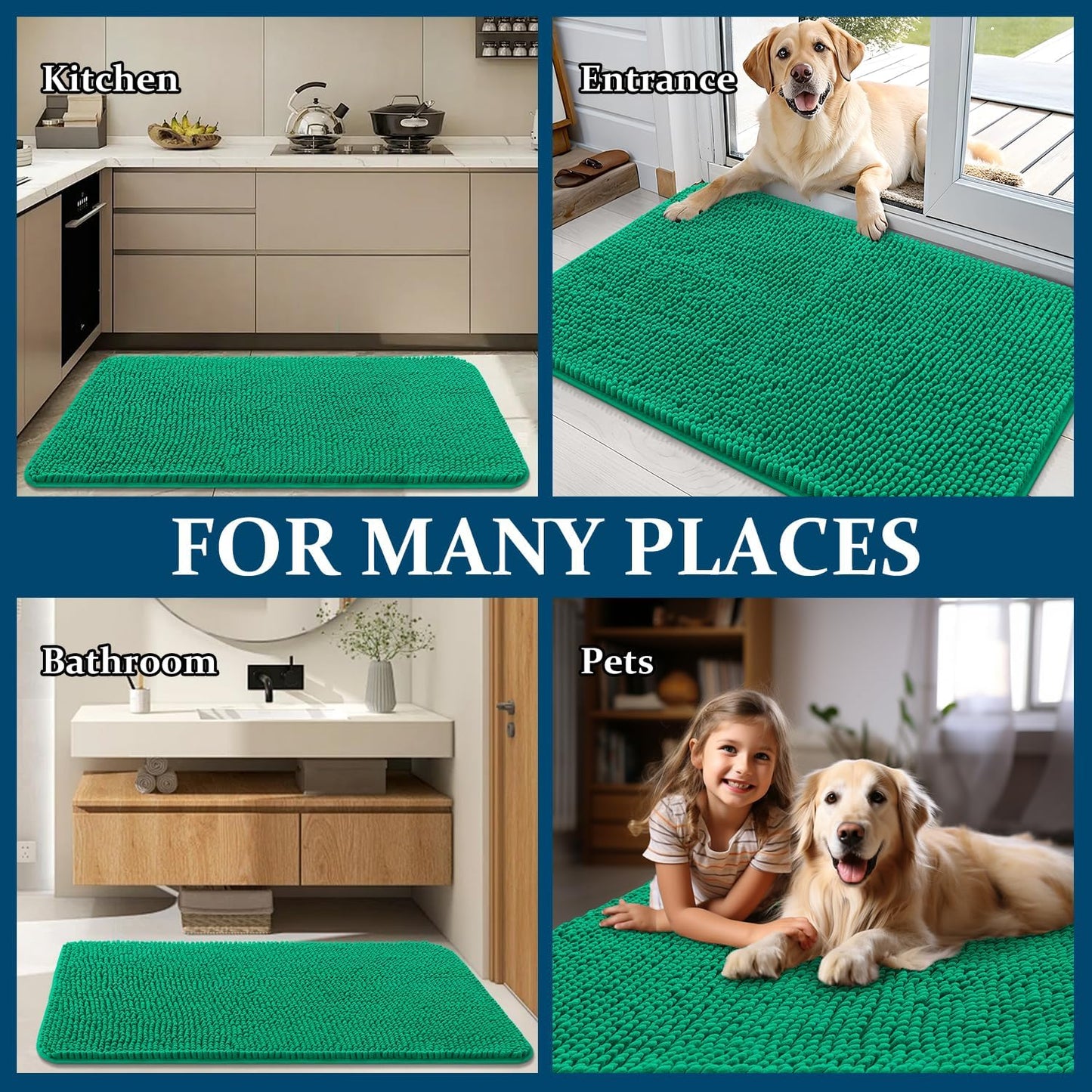 OLANLY Dog Door Mat - Absorbent Non-Slip Washable Doormat for Muddy Paws | 24x16 Emerald Green