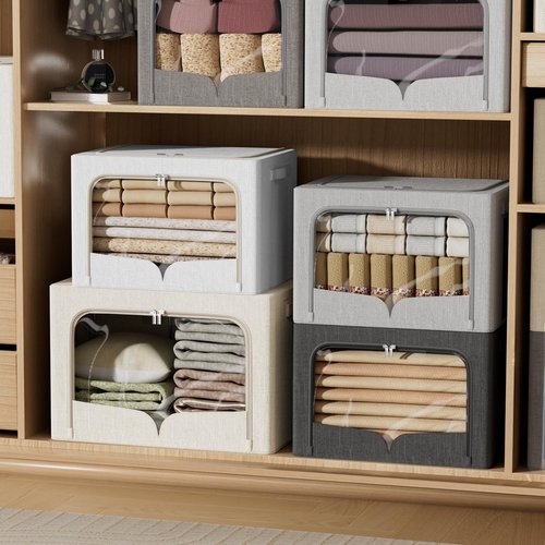 FHSQX Foldable Clothes Storage Bins - Stackable Linen Fabric Organizer Set with Clear Window | Beige, 15.7"x11.8"x11.8" (36L)