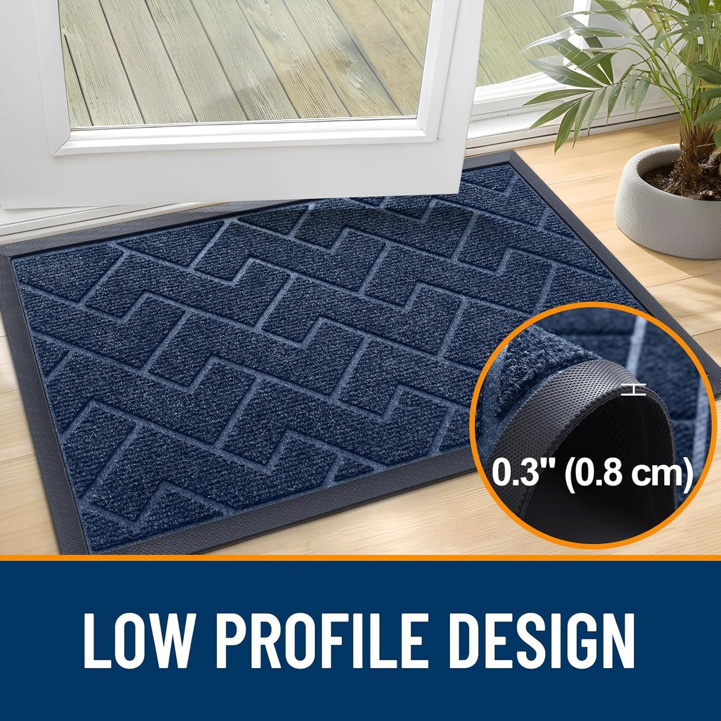 OLANLY Waterproof Front Door Mat - All-Season Indoor/Outdoor Doormat | Sturdy Natural Rubber, Herringbone Brick (Blue, 47x23)