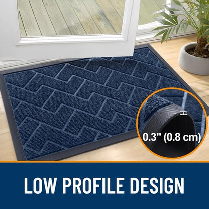 OLANLY Front Door Mat Indoor Outdoor Entrance, Waterproof All-Season, All-Weather Doormat, Sturdy Natural Rubber, Low Profile, Easy Clean Patio Porch Entryway Mat, Herringbone Brick (Blue, 47x17)