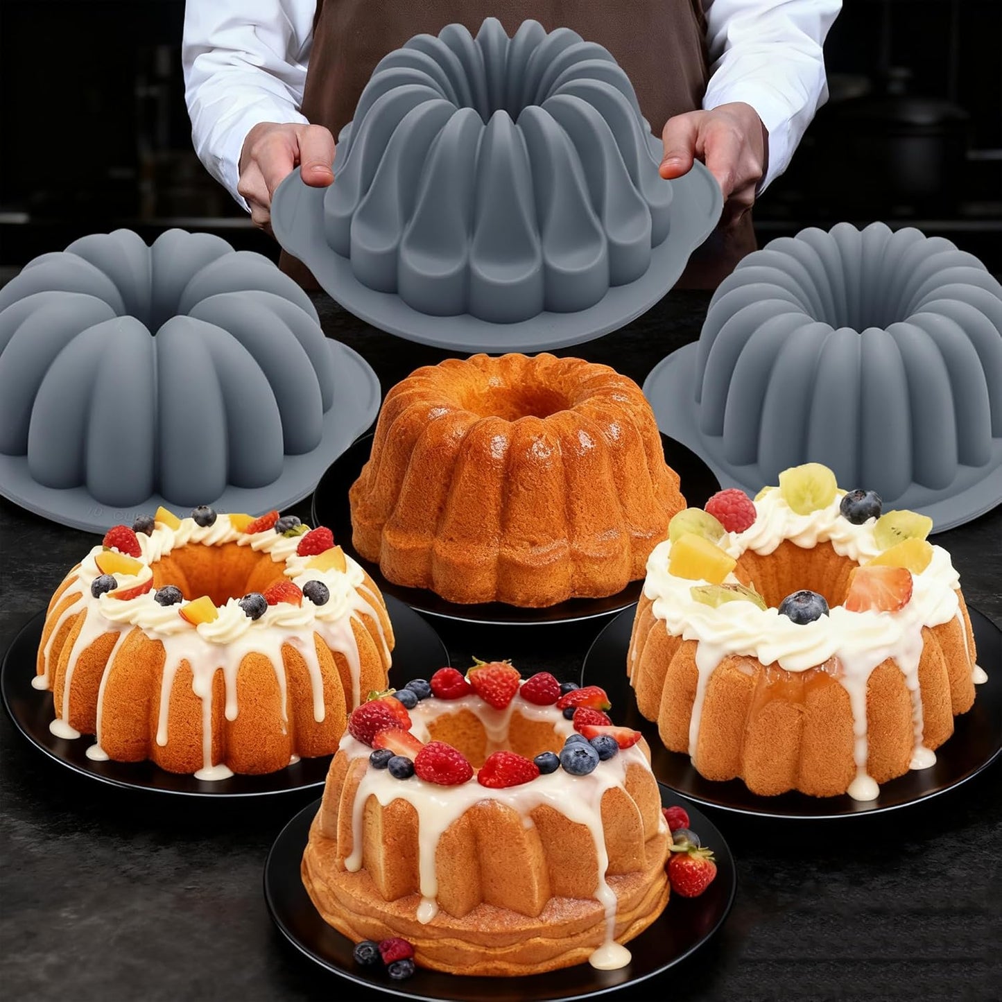 Tongjude Silicone Fluted Tube Cake Pans - 4 Pieces Non-Stick Baking Molds for Cakes, Jello & Bread | 10 Cups, Grey
