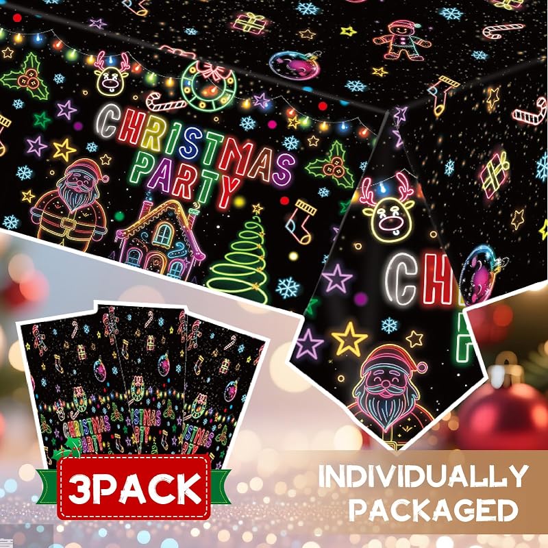 Disposable 54x108 Inch Christmas Tablecloths - 3 Pack Neons on Black Festive Holiday Cover