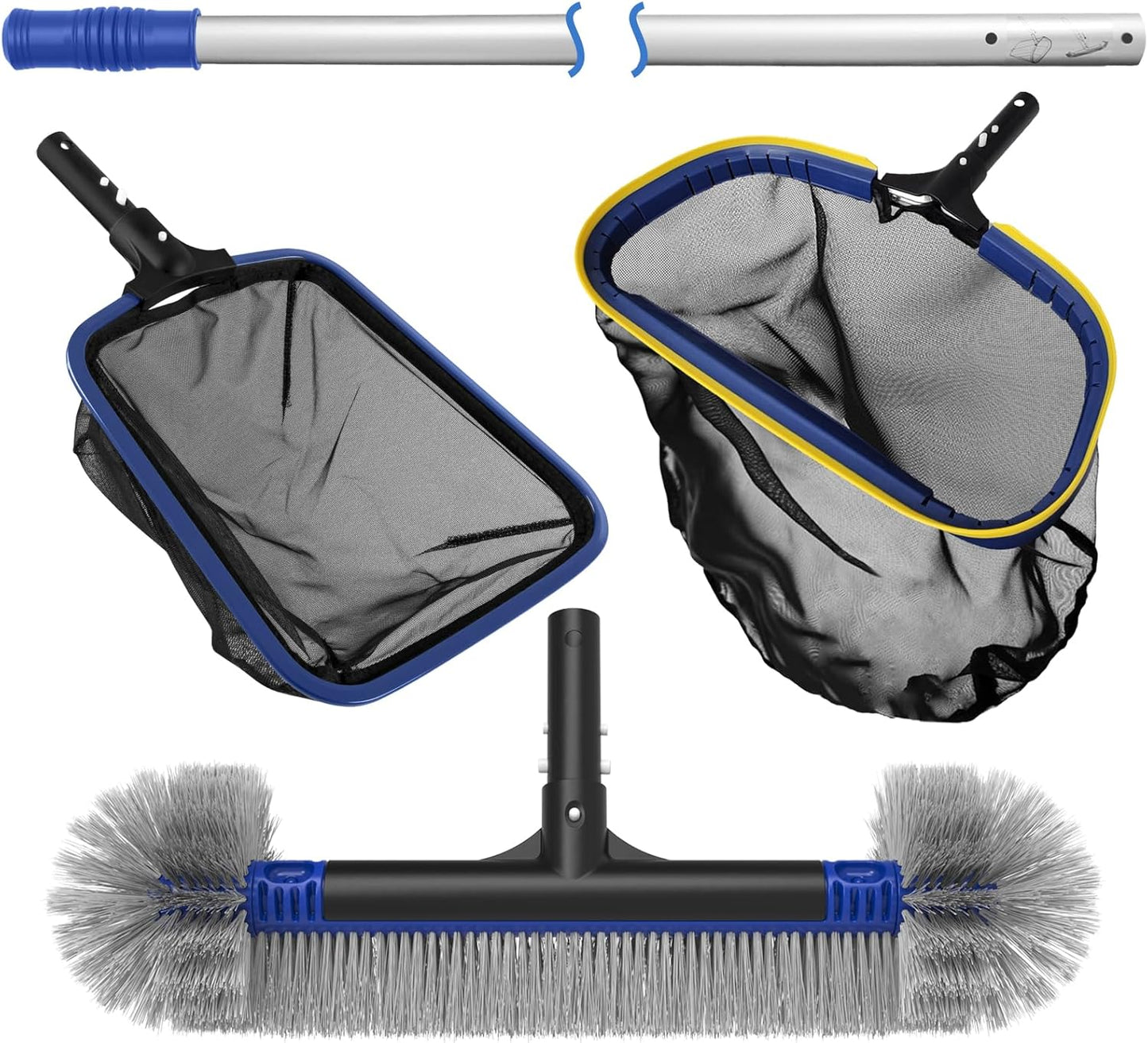 Poolvio 5-in-1 Pool Cleaning Kit - Semi-Deep Skimmer, Aluminum Leaf Rake & 20' Brush with 13ft Pole